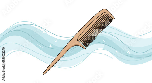 Simple wooden hair comb is shown at a diagonal angle over a background of soft blue waves and subtle geometric design elements.