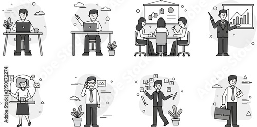 Diverse professionals engage in office tasks, meetings, and presentations