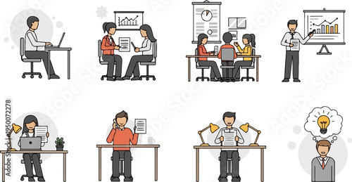 Diverse office workers engage in various professional activities like meetings and presentations