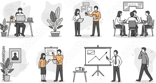 Diverse business scenarios showing collaboration, presentations, and individual work