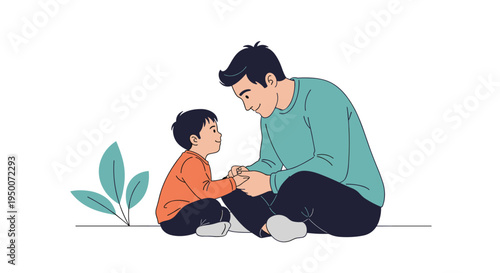 Caring father sits on the floor with his young son while they share a heartwarming and joyful bonding moment in this vector art.