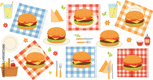 Tasty hamburger meal set on picnic tablecloth with fries, drink, ketchup and utensils, colorful fast food lunch composition vector illustration collection