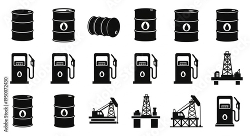 Oil Industry Icons - Barrels, Pumps, and Rigs in Black and White.