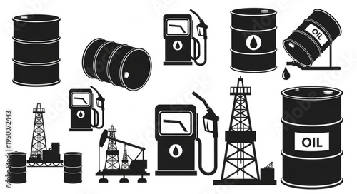 Oil Industry Icons - Barrels, Pumps, and Rigs in Black and White.