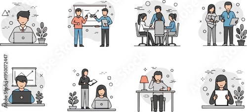 Diverse business professionals engaged in various work activities, from individual tasks to team meetings