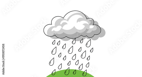Dark rain cloud releases many teardrop-shaped drops over a small green hill in a simple and charming vector illustration.