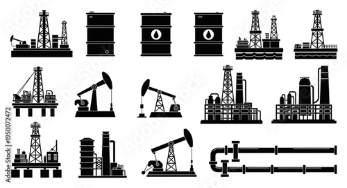 Oil Industry Silhouette Collection - Rigs, Barrels, and Pipelines.