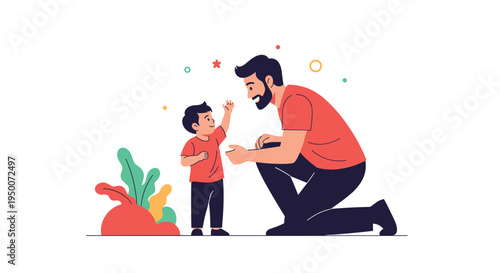 Father kneels down on one knee to talk to his young son in a tender parenting moment, shown in a clean and modern vector style.