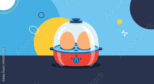 Electric egg cooker with a transparent dome lid contains two brown eggs on a colorful abstract background for kitchen themes.