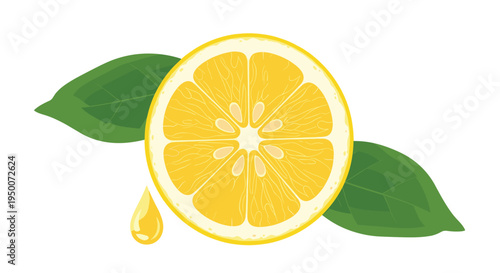 Fresh yellow lemon slice with seeds is shown with two green leaves and a single drop of juice on a clean white background.