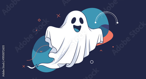 Happy cartoon ghost floats playfully with a cheerful expression among colorful circular shapes and geometric design elements.