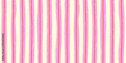Abstract seamless modern minimal horizontal summer pattern with vertical pink and  red stripes on a white background; simple vector illustration, drawing, sketch; hand-drawn with a brush in flat style