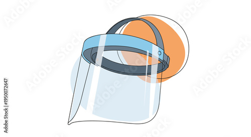 Protective transparent face shield with a blue headband is depicted with soft abstract shapes for health and safety themes.