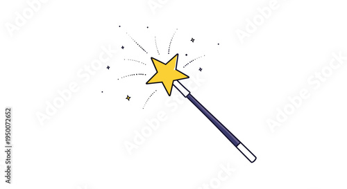 Magic wand with a bright yellow star on top is surrounded by decorative sparkles and dots in a clean vector illustration.