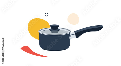 Small black saucepan with a glass lid and handle is displayed against a background of colorful abstract circles and shapes.