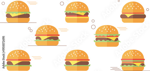 Flat style hamburger icons set with sesame bun, cheese, lettuce and beef patty, simple fast food burger illustration collection for menu and restaurant design
