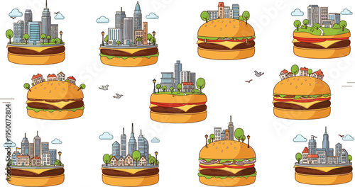 Creative hamburger city concept with urban skyline buildings on burger buns, imaginative fast food architecture illustration set combining cityscape and food vector design