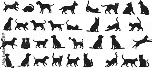 Collection of cat and dog silhouettes in various poses including sitting, standing, running, playing, and lying down for vector illustration