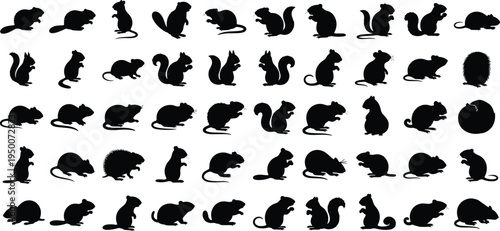 Collection of small mammal silhouettes including rodents, squirrels, beavers, porcupines, and mice arranged in grid format for zoology illustration