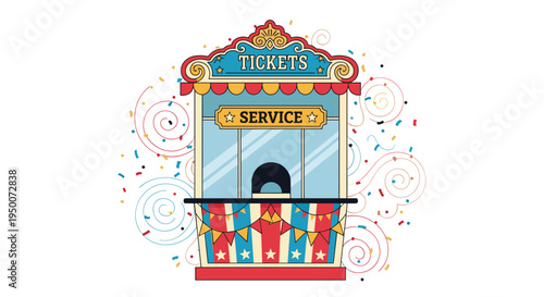 Vintage carnival ticket booth with service window and colorful banners surrounded by confetti for fair and circus entertainment.