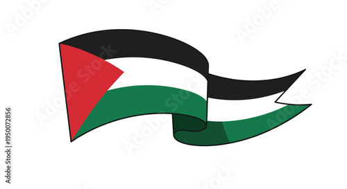 Waving flag of Palestine with its distinctive black white green and red colors representing national pride and identity on white.