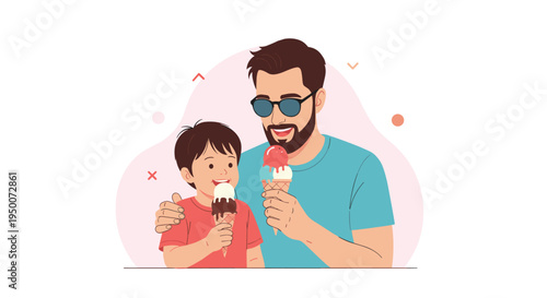Happy father wearing sunglasses and his young son enjoying delicious ice cream cones together during a fun summer day outdoors.