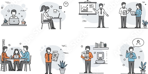 Office scenes depicting collaboration, presentations, and individual work tasks