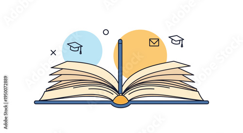Open book with pages showing education icons like graduation caps and email symbols for learning knowledge and school concept.