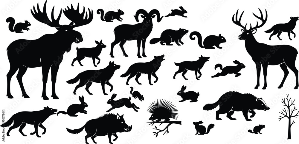 Obraz premium Vector silhouettes of moose, deer, ram, wolves, foxes, squirrels, rabbits, beavers, porcupine, boar, badger, chipmunk, and forest tree illustration