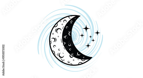 Crescent moon with craters and shining stars surrounded by light blue swirls representing the peaceful night sky and space scene.