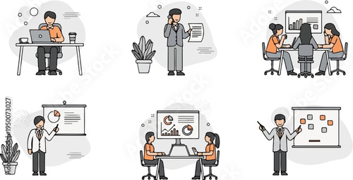 Business meeting and office scenes with diverse individuals collaborating