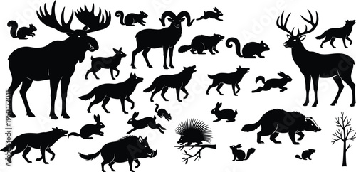 Vector silhouettes of moose, deer, ram, wolves, foxes, squirrels, rabbits, beavers, porcupine, boar, badger, chipmunk, and forest tree illustration