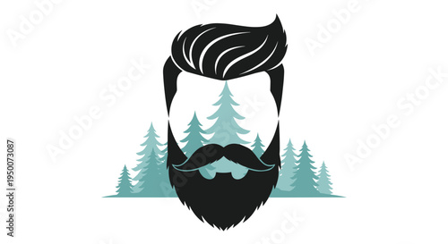 Silhouette of a bearded man with pine trees in the background representing nature outdoor adventure and rugged masculine style.