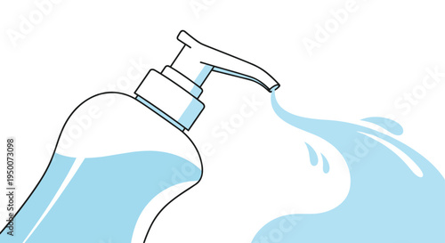 Hand soap dispenser pump with blue liquid being squeezed out representing hygiene sanitation and protection against germs or virus.