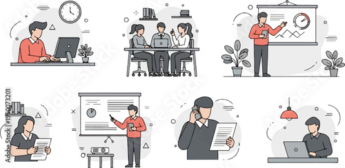 A collection of flat illustrations depicting business professionals in various work-related scenarios