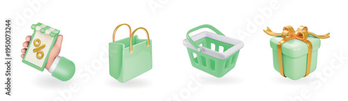 Set of 3d realistic sale vector icons isolated on white background. Gift, bag, smartphone, online shop, gift box and shopping basket. Green spring color. Cartoon fashion store