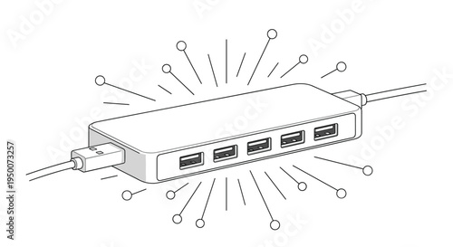 Multi port usb hub device with four ports and connecting cables isolated on white background for computer accessory and data needs.