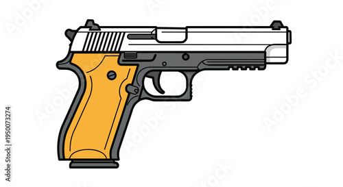 Modern semi automatic handgun with a silver slide and tan colored grip isolated on white background for security and defense theme.