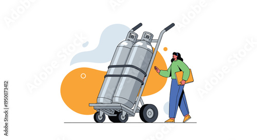 Woman pushing a hand truck with two large metal gas cylinders for industrial delivery or medical oxygen supply on white background.