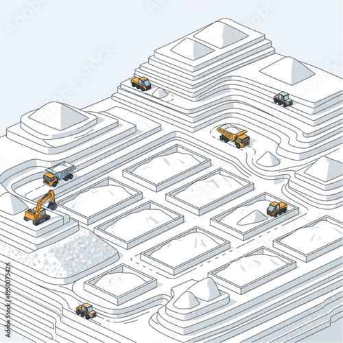 Isometric view of a salt mine with excavators and trucks.