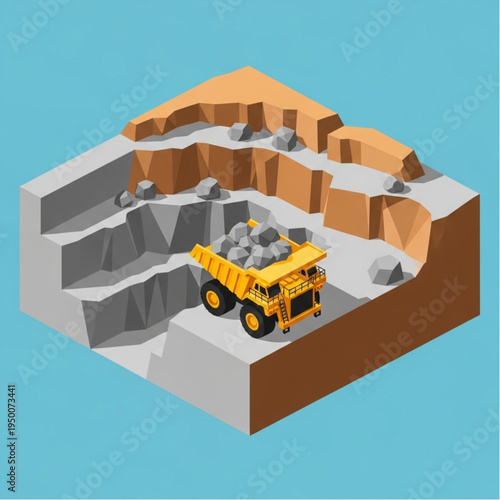 Isometric view of a yellow mining truck loaded with rocks in a quarry.