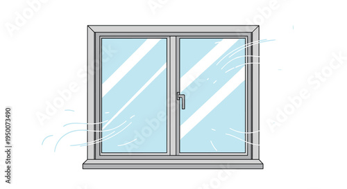 Modern gray window frame with double glass panes showing subtle blue wind or reflection lines on a white background.