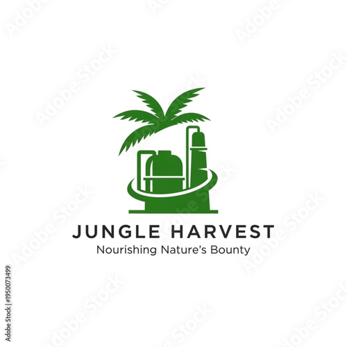 Jungle Harvest logo with palm tree and industrial plant.