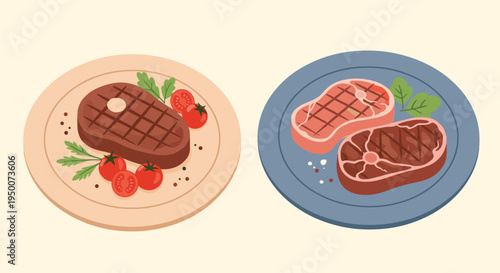 Two plates of perfectly grilled beef steaks served with cherry tomatoes, herbs, and seasonings on a beige background.