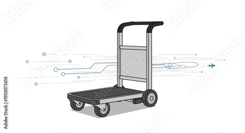 Gray and black metal airport luggage trolley or hand truck for transporting heavy bags with a tech background.