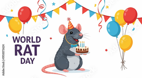 World rat day celebration with a mouse in party hat holding cake surrounded by balloons and bunting