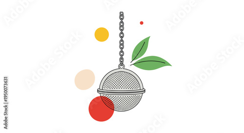 Stainless steel mesh tea infuser ball hanging from a chain with green tea leaves and colorful abstract circles.
