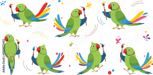 Cute cartoon parrot painting with brush and colorful paint splashes, funny artist bird character set with creative art activity vector illustration