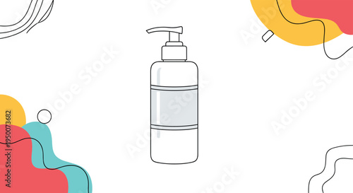 Simple white plastic pump bottle for liquid soap or lotion against a background of colorful abstract shapes.
