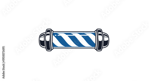 Classic blue and white horizontal barber pole sign with chrome caps at both ends on a white background.